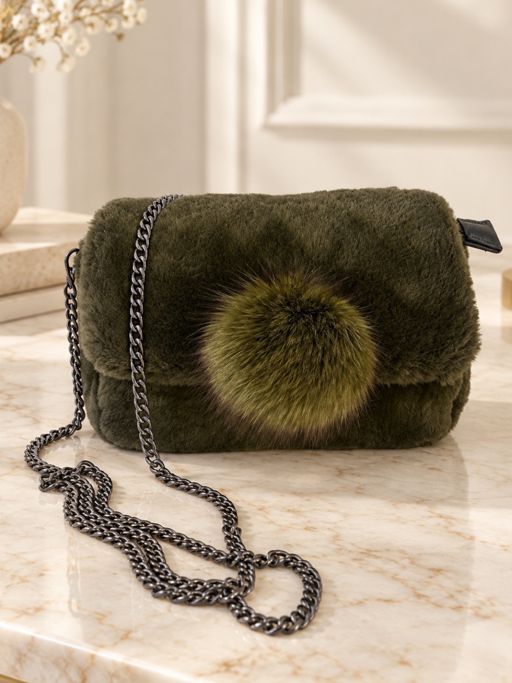 Gorgeous Plush Olive Faux Fur Crossbody with Pom Accent❤️9x5x3